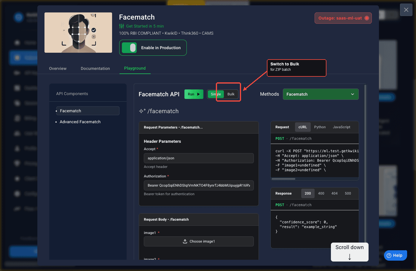 Facematch Playground with the Single or Bulk control highlighted
