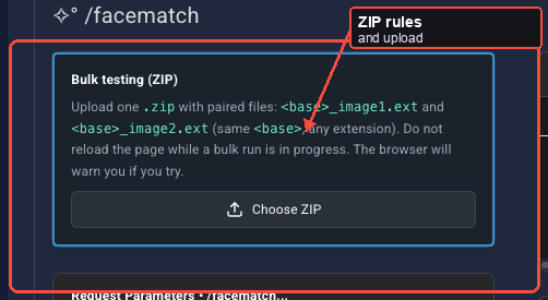 Bulk testing ZIP card with rules and upload area